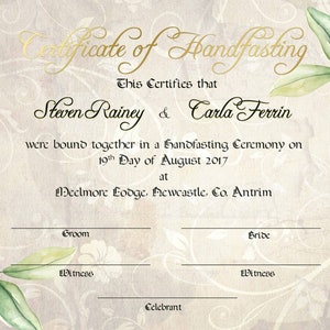 Personalised Decorated Leaf Handfasting Certificate - Bride and Groom