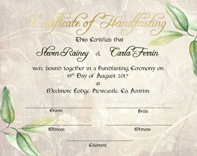 A4 Printable Handfasting Certificate, Wiccan Wedding Certificate, Pagan Wedding Certificate ...