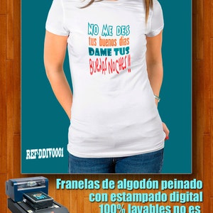 Woman with digital print t-shirt give me your good night in full color image 2