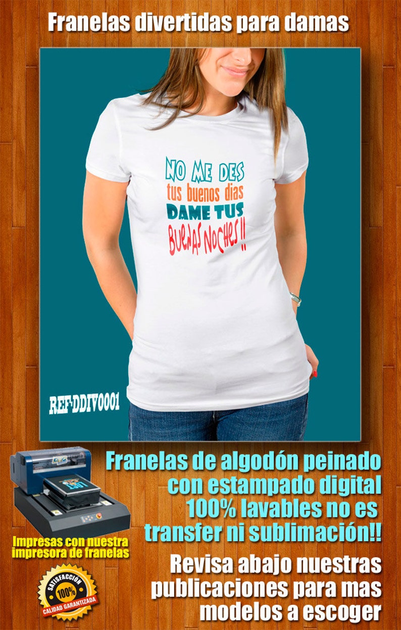 Woman with digital print t-shirt give me your good night in full color image 2