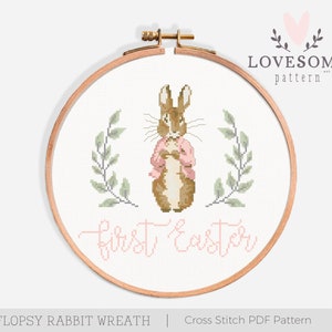 Flopsy Rabbit First Easter Wreath Cross Stitch PDF Pattern, Baby Girls First Easter Cross Stitch Pattern, Spring Bunny Cross Stitch Pattern