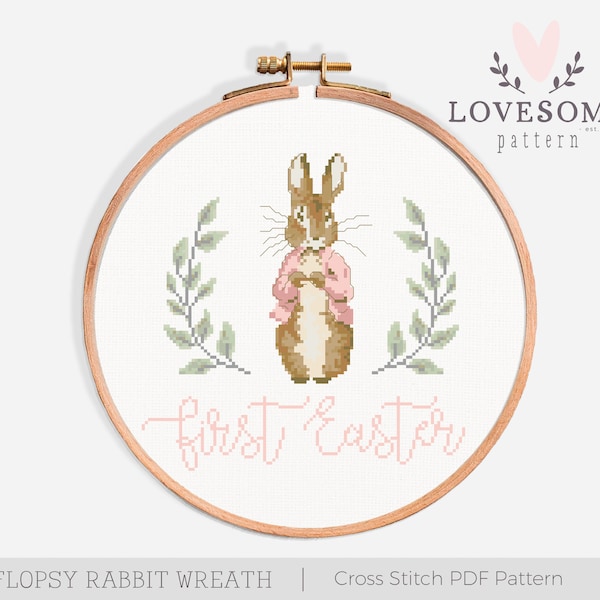 Flopsy Rabbit First Easter Wreath Cross Stitch PDF Pattern, Baby Girls First Easter Cross Stitch Pattern, Spring Bunny Cross Stitch Pattern