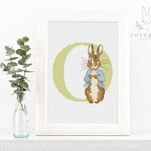 Padrão Peter Rabbit Monograma O Cross Stitch PDF, Peter Rabbit Alphabet Cross Stitch, Padrão personalizado de ponto cruz para bebês, Download instantâneo PDF