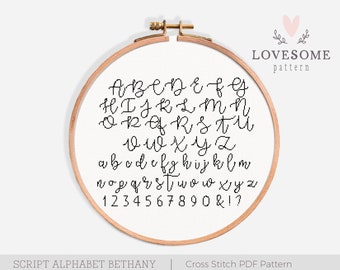 Script Alphabet Bethany Cross Stitch PDF Pattern, Handlettered Script Font Cross Stitch Pattern, Calligraphy Font Cross Stitch PDF Pattern