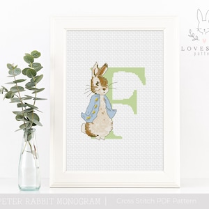 Padrão Peter Rabbit Monograma F Cross Stitch PDF, Peter Rabbit Alphabet Cross Stitch, Padrão personalizado de ponto cruz para bebês, Download instantâneo PDF