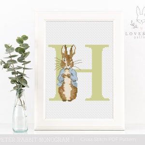 Padrão Peter Rabbit Monograma H Cross Stitch PDF, Peter Rabbit Alphabet Cross Stitch, Padrão personalizado de ponto cruz para bebê, Download instantâneo PDF
