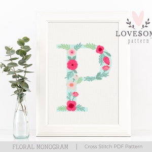 Padrão de ponto cruz de letra floral P PDF, padrão de ponto cruz inicial de flores, padrão de ponto cruz de monograma bonito, download instantâneo PDF
