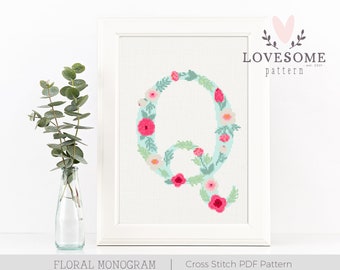 Floral Letter Q Cross Stitch PDF Pattern, Flowers Initial Cross Stitch Pattern, Pretty Monogram Cross Stitch Pattern, Instant Download PDF