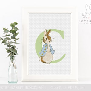 Padrão Peter Rabbit Monograma C Cross Stitch PDF, Peter Rabbit Alphabet Cross Stitch, Padrão personalizado de ponto cruz para bebê, Download instantâneo PDF