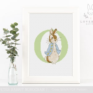 Padrão Peter Rabbit Monograma O Cross Stitch PDF, Peter Rabbit Alphabet Cross Stitch, Padrão personalizado de ponto cruz para bebês, Download instantâneo PDF