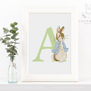 Monograma Peter Rabbit Um padrão de ponto cruz em PDF, ponto cruz do alfabeto Peter Rabbit, padrão de ponto cruz personalizado para bebê, download instantâneo PDF