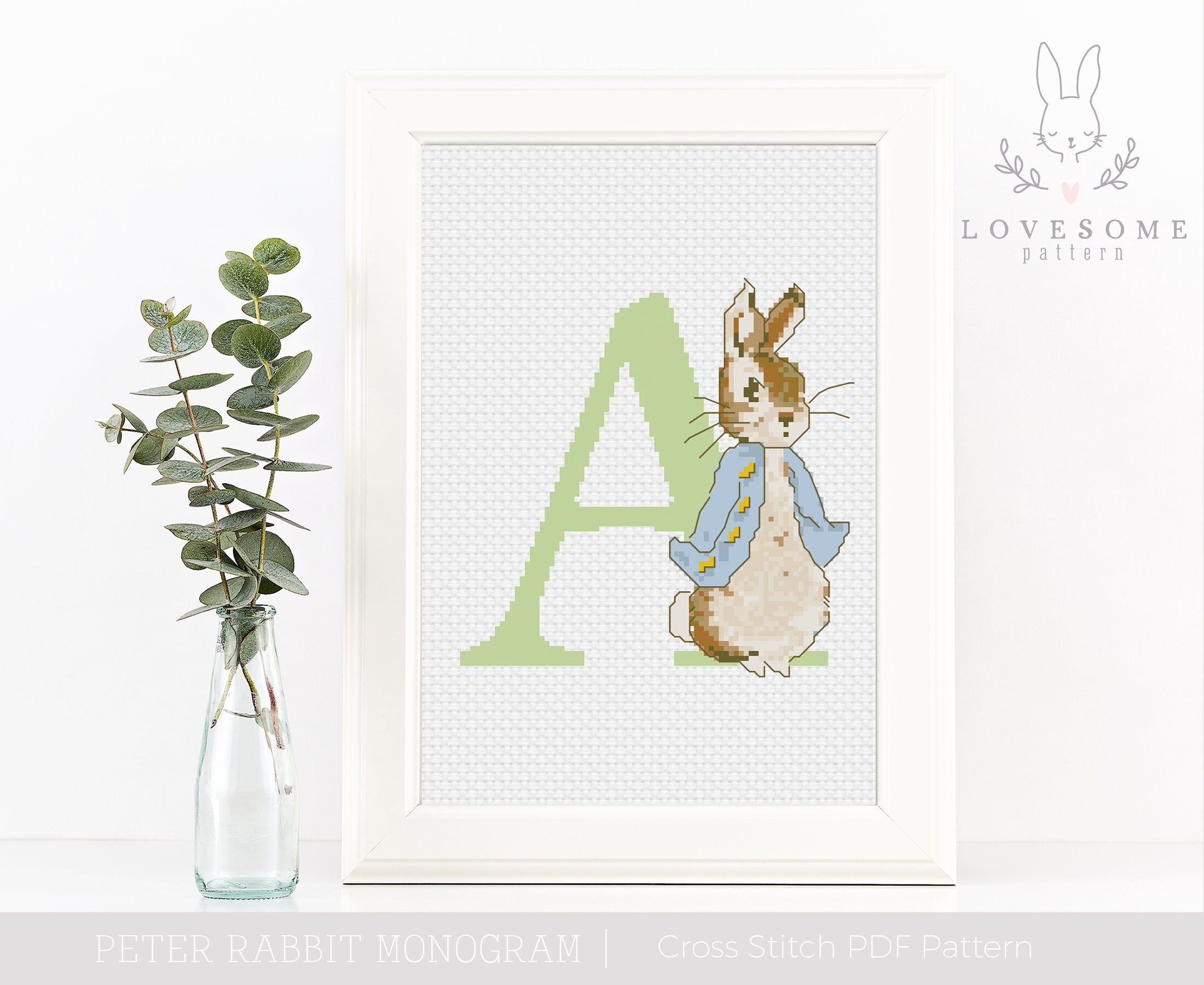 Peter Rabbit Monogram A Cross Stitch PDF Pattern, Peter Rabbit Alphabet Cross Stitch, Custom Baby Cross Stitch Pattern, Instant Download PDF