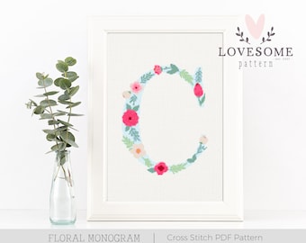 Floral Letter C Cross Stitch PDF Pattern, Flowers Initial Cross Stitch Pattern, Pretty Monogram Cross Stitch Pattern, Instant Download PDF