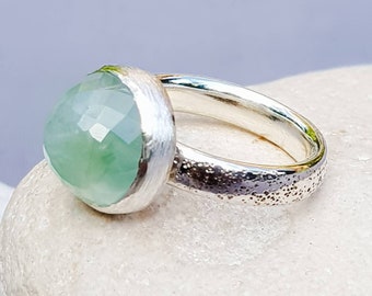 Chunky sterling silver ring, Green gem set sterling silver ring, prenite contemporary silver ring, large gemstone ring statement silver ring