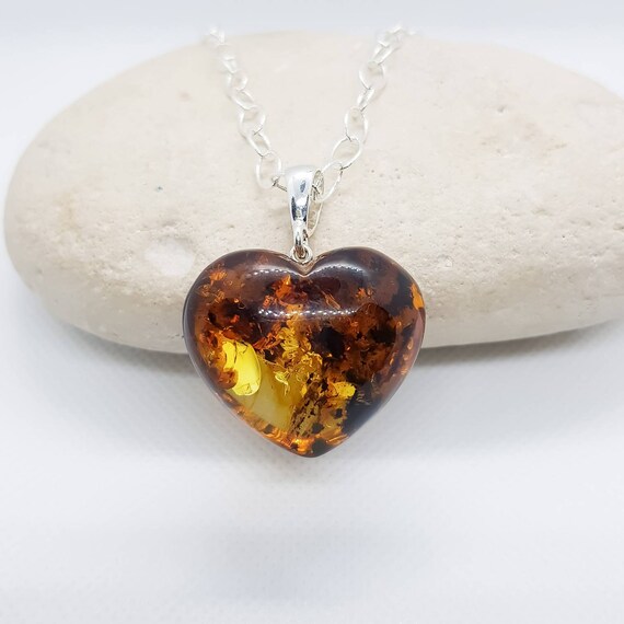 Sterling Silver Amber Heart Shaped Necklace - Amber Heart Shaped Pendant Sterling Silver Amber Heart Shaped Necklace - Amber Heart Shaped Pendant