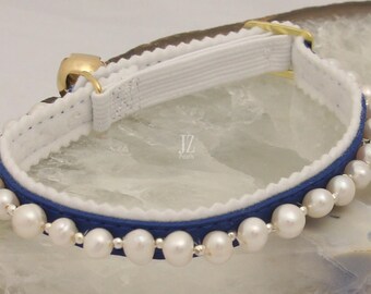 Luxury Freshwater Pearl Soft adjustable Ancol Safety Cat Collar with Silver or Gold Plated Beads and Gold Metal Bell and fixings