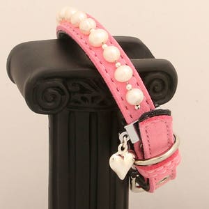 Dog or Rabbit Collar with Freshwater Pearls. Genuine Leather and Suede 8 - 10 inch adjustable  with Silver Beads, Heart Charm Fixings