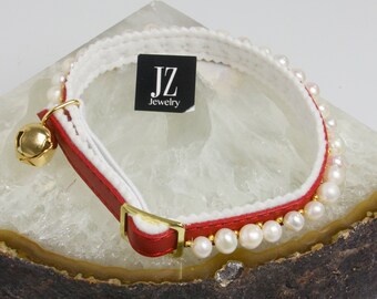 Freshwater Pearl Ancol Safety Cat Red Collar with safely release and  Gold Beads & Gold Bell