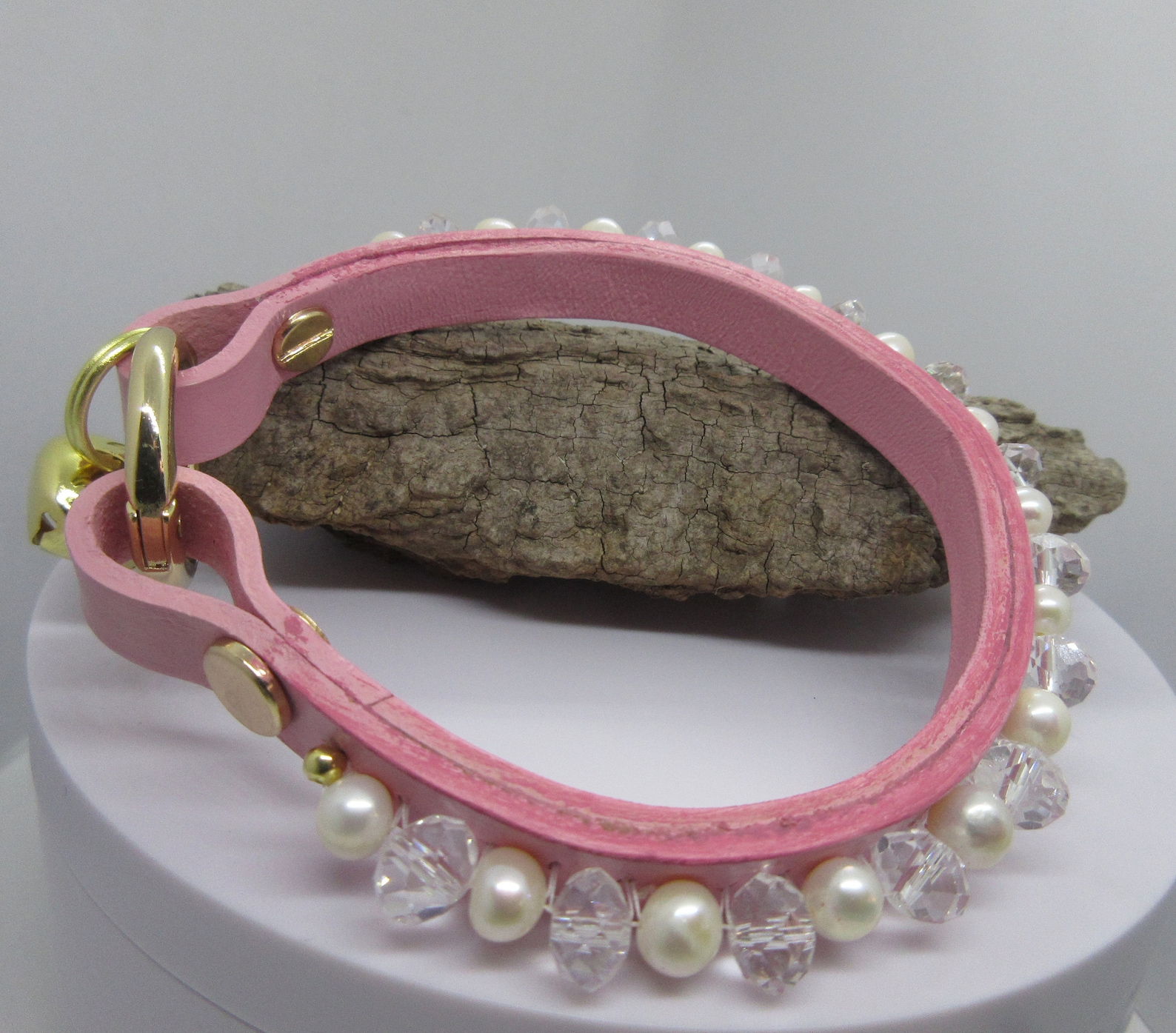 Pink Cat Collar Real Leather Freshwater Pearl & Swarovski Crystal Beads