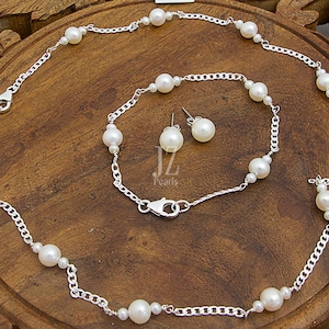 Freshwater Bridal Gift Handcrafted Pearl Necklace and Bracelet Set with Sterling Silver Chain . Stud Pearl Earrings to Match Unique Gift