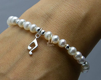 Pearl Bracelet/Anklet with Musical Charm, Ivory pearls & Sterling Silver beads Mother's Day Gift. Birthday. Love Gift. Special Occassion