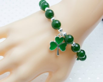 Green Jade Beads and Sterling Silver Shamrock Charm Bracelet with Shamrock Crystal studded Clasp. Irish Celebration. St Patrick's Day