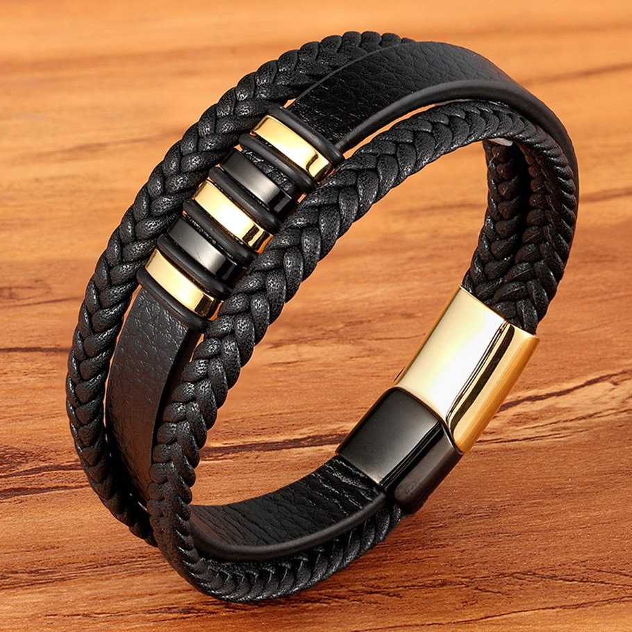 Men's Leather Wristband Black and Gold Plaited Real - Etsy UK