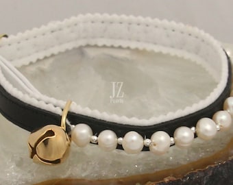 Black Luxury Freshwater Pearl Collar.  Safety Cat/Kitten Collar,  Silver Plated Beads. Gold Bell. Best friend Gift. Pet Collar. Cat Collar