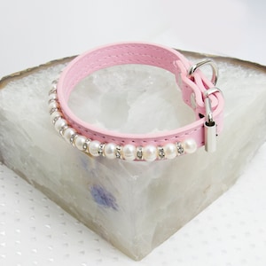 Dog or Cat Collar Pink Faux Leather 8 to 10 inch Freshwater Pearl and Rhinestone Silver Beads.