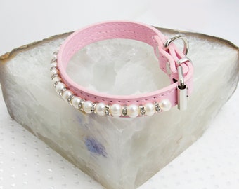 Dog or Cat Collar Pink Faux Leather 8 to 10 inch Freshwater Pearl and Rhinestone Silver Beads.