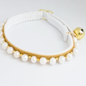 Freshwater Pearl Soft adjustable Ancol Safety Cat, Kitten or Rabbit Collar with Silver Beads  Gold Metal  Bell and buckle.