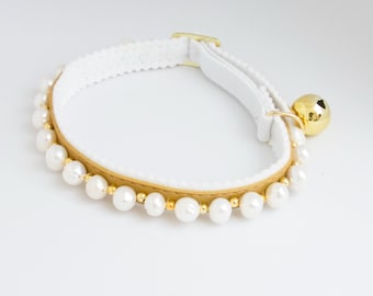 Freshwater Pearl Soft adjustable Ancol Safety Cat, Kitten or Rabbit Collar with Silver Beads  Gold Metal  Bell and buckle.