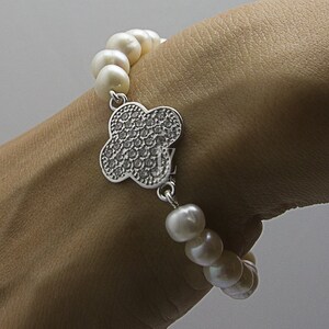 Freshwater Pearls with Sterling Silver Crystal studded Connector and Unique Crystal studded Double Opening Sterling Silver Clasp.