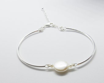 Freshwater Coin Pearl Bracelet, Sterling Silver Band and adjustable Chain Sterling Silver Clasp and Pearl Drop Sterling Silver Earrings Set