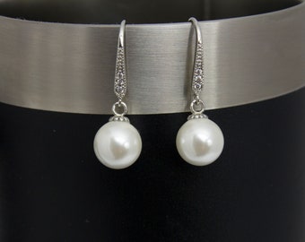 Freshwater Pearl Shell and Sterling Silver Crystal Hook Drop Earrings,  Matching 7.5 - 8 mm Freshwater Pearl Necklace Beautiful Wedding Set
