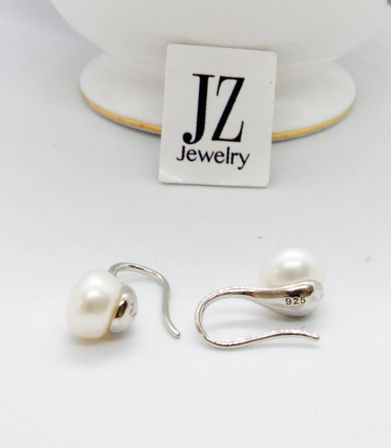 Freshwater Pearl and 925 Sterling Silver Spoon shaped Hook Earrings Delicate and Classic design. Wedding Pearls. 30th Anniversary Gift.