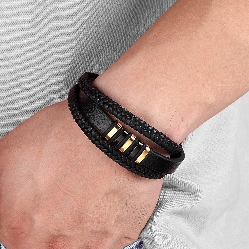 Men's Leather Wristband Black and Gold Plaited Real Etsy UK