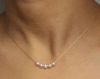 14 Carat Yellow Gold Filled 5 x Freshwater Pearl Necklace and 18K Gold Freshwater Pearl Stud Earring. Bridal gift. 30th Anniversary