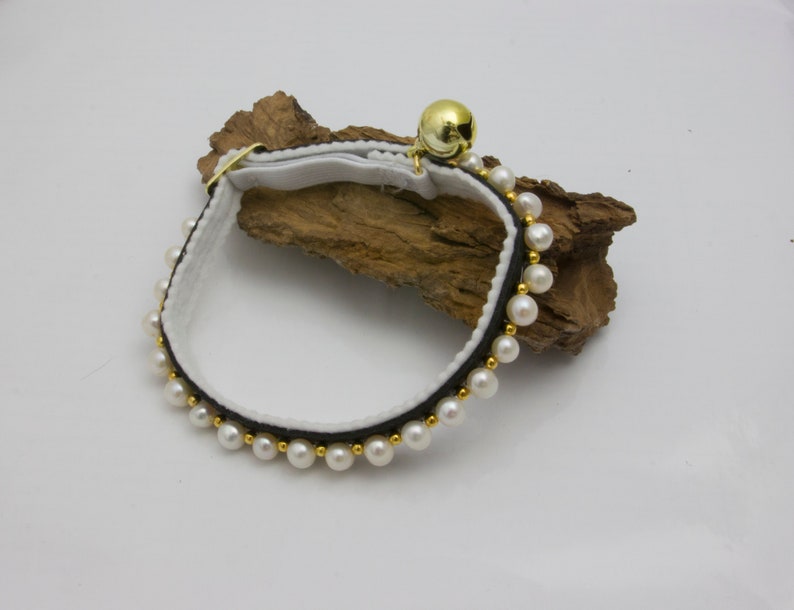 May include: A white cat collar with a black ribbon and a row of white pearl beads. A gold bell is attached to the collar.