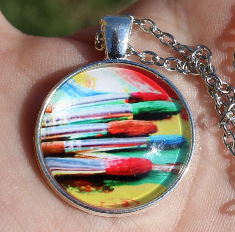 Tibetan silver Photo glass Cabochon pendant. Brushes with chain