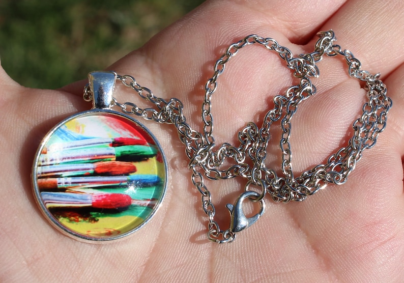 Tibetan silver Photo glass Cabochon pendant. Brushes with chain