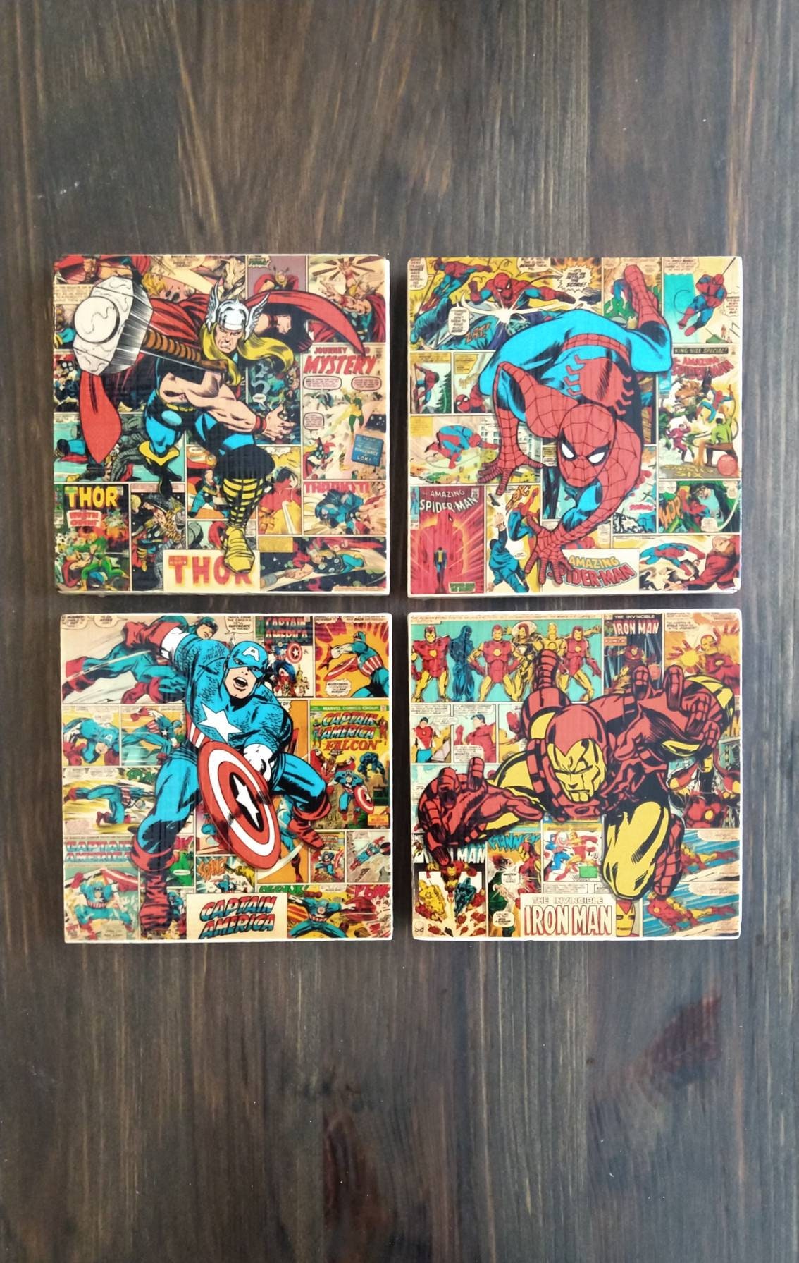 Marvel Comics Stone Coasters, Set of 4, Handmade, Travertine Stone, G…
