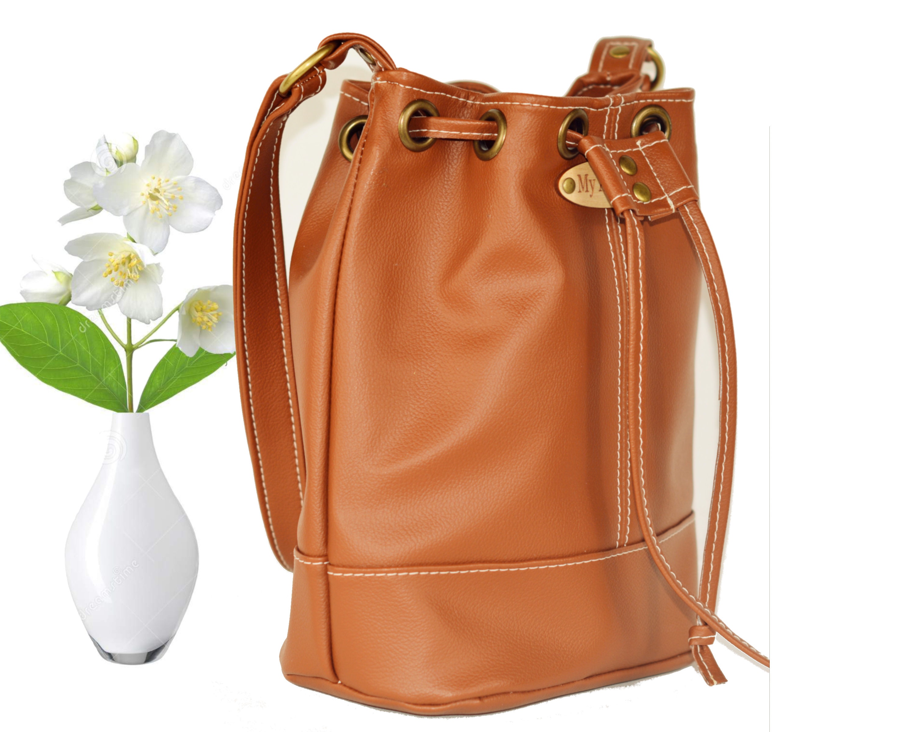 Classy Caramel Color Faux Leather Handbag Drawstring Bag Etsy