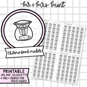 以下が含まれることがあります： サーモフードメーカーと小さなバッグのイラストが特徴のステッカーシート。メイン画像は、サーモフードメーカーのイラストと「thermo food maker」のテキストが入った円形デザインです。左下隅には「PRINTABLE」という文字があります。