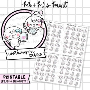 May include: Printable sticker sheet featuring 36 adorable cartoon illustrations of a white bunny couple working on a tablet. The stickers are perfect for planners, journals, and other creative projects.
