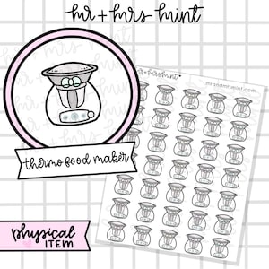 May include: A sheet of 36 stickers featuring a black and white illustration of a food processor. The stickers are arranged in a grid pattern. The text "mr + mrs mint" and "thermo food maker" are visible on the sheet.