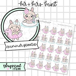 Könnte beinhalten: Ein Set mit 16 Sommer-Schwimmringen mit einem niedlichen Hasen mit rosa Ohren und einer Blumenkrone. Der Hase hält einen rosa Flamingo-Schwimmring. Die Schwimmringe sind perfekt, um Ihrem Sommer-Dekor einen Hauch von Verspieltheit zu verleihen.