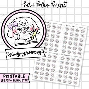 Pegatinas imprimibles para planificador &quot;Bonnie estudiando y escribiendo&quot; / Pegatinas dibujadas a mano, Pegatinas para planificador, CoffeeBeanPaper, Pegatinas para estudiar