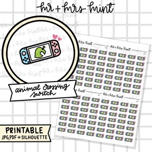 May include: Printable sticker sheet featuring 100 small, colorful illustrations of the Nintendo Switch console with the Animal Crossing game icon. The sheet is designed for use with planners, journals, and other craft projects.