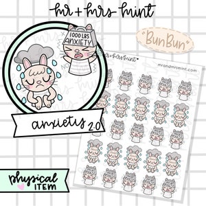 May include: A set of 20 cute cartoon stickers featuring a bunny rabbit with a cloud over its head and rain drops. The bunny is wearing a white shirt and has a worried expression. The text "1000 LBS ANXIETY" is on the cloud. The text "anxiety 2.0" is below the main sticker. The text "Bun Bun" is in a speech bubble. The text "mr + mrs mint" is at the top of the image.